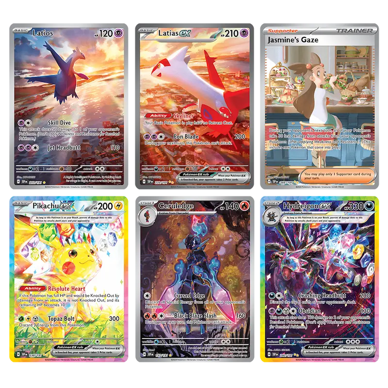 Collection de cartes Pokémon Surging Sparks mettant en vedette Latios, Regard de Jasmine, Pikachu, Carapagos et Trioxé EX.