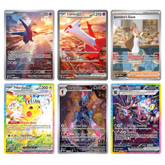 Collection de cartes Pokémon Surging Sparks mettant en vedette Latios, Regard de Jasmine, Pikachu, Carapagos et Trioxé EX.