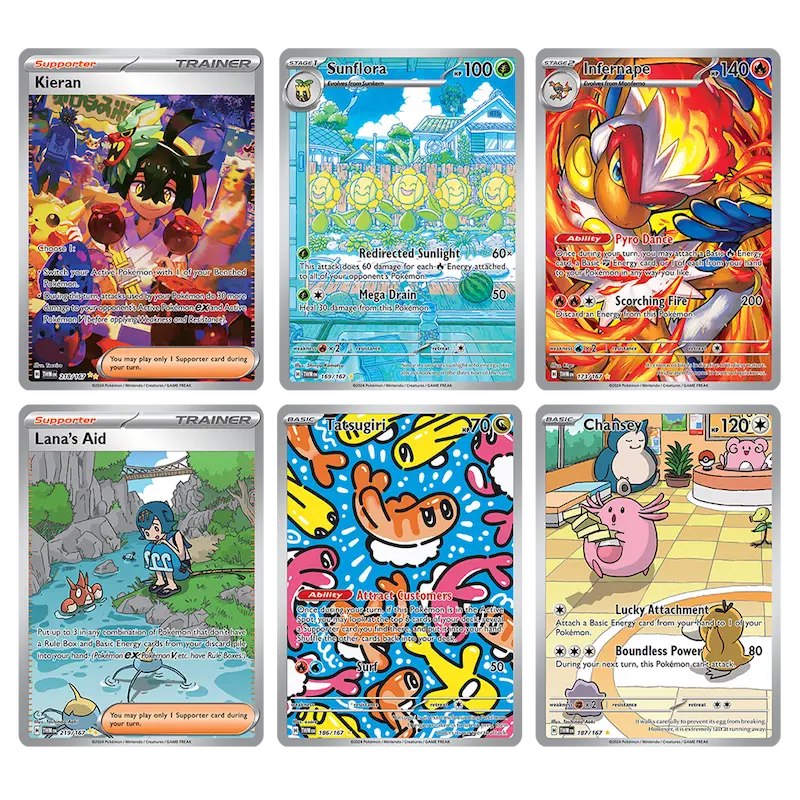 Verzameling Pokémonkaarten met Kieran, Zonnelbloem, Infernape, Lana's Hulp, Togetic en Chansey uit Schemerduels.