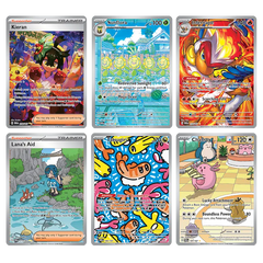 Verzameling Pokémonkaarten met Kieran, Zonnelbloem, Infernape, Lana's Hulp, Togetic en Chansey uit Schemerduels.
