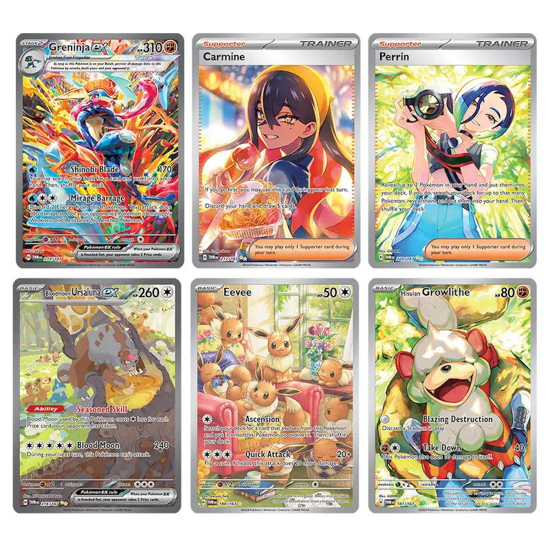 Verzameling Pokémon-kaarten met Greninja, Carmine, Perrin, Urshifu, Eevee en Growlithe uit Twilight Masquerade.