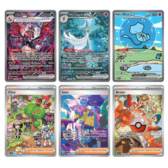 Kleurrijke Pokémon kaarten met Charizard, Gardevoir, Mew ex, en de Trainers Clive, Iono en Arven uit Paldean Fates.