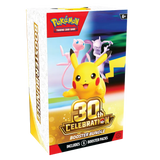 30th Anniversary Booster Bundle mit Verpackungsdesign von Pikachu, Mewtu und Mew.