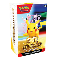 30th Anniversary Booster Bundle mit Verpackungsdesign von Pikachu, Mewtu und Mew.