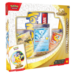 30e jubileum postercollectie met Pokémonkaarten en Pikachu in verzamelverpakking.