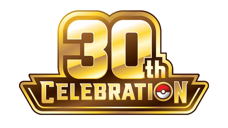 30-Jahre-Jubiläumslogo mit goldenem Text und einem Pokéball, das drei Jahrzehnte Pokémon feiert.
