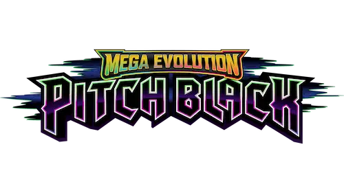 "Logo von Mega Evolution Pitch Black mit kräftigen Farben und dynamischen Designelementen."
