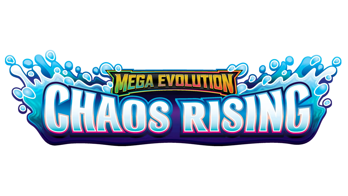 "Mega Evolution Logo für Chaos Rising, mit einem lebendigen Design mit blauen Wasserelementen."
