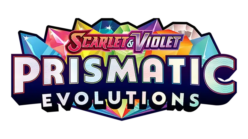 Scarlet und Violet Prismatic Evolutions Logo mit farbenfrohen Kristallen und lebendiger Typografie.