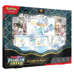 Quaquaval EX Premium Collection van Pokémon TCG met glimmende Pokémon en Paldean Fates kaarten.