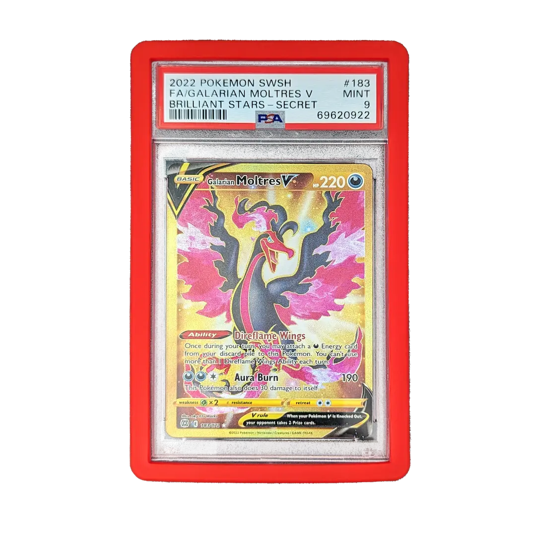 PSA Slab Bumper - Red protecting a graded Pokémon card featuring Galarian Moltres V