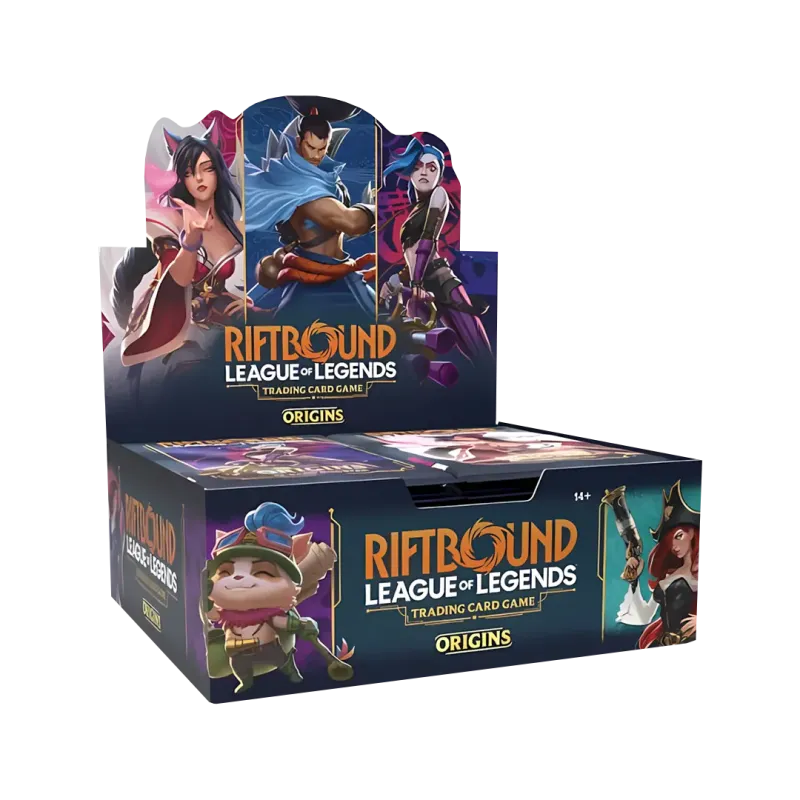 Boîte d'extension Riftbound Origins avec des personnages et des cartes à collectionner de League of Legends.