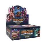 Boîte d'extension Riftbound Origins avec des personnages et des cartes à collectionner de League of Legends.