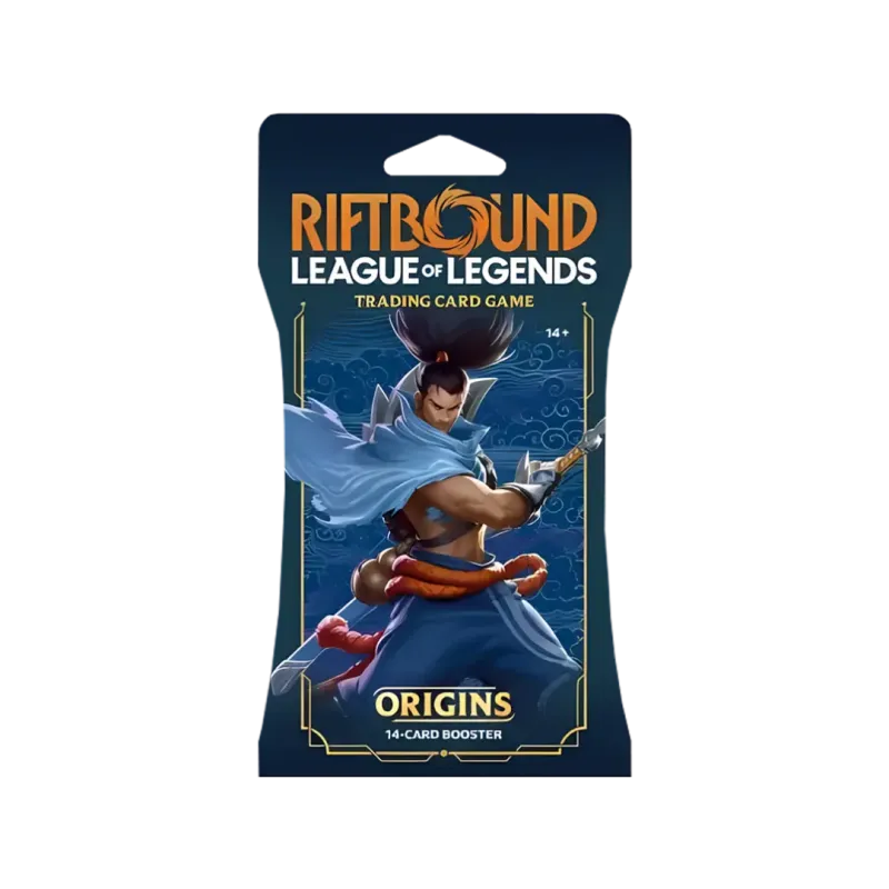 Riftbound Origins Booster pack met sleeve, met een personage uit League of Legends, met 14 kaarten.