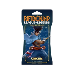 Riftbound Origins Booster pack met sleeve, met een personage uit League of Legends, met 14 kaarten.