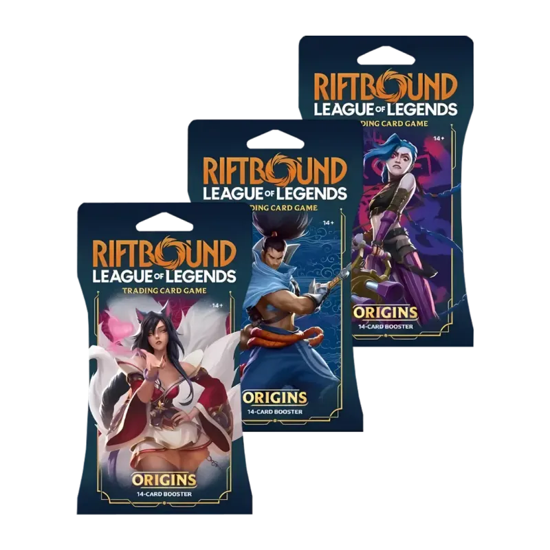 Packs de boosters sous scellés Riftbound Origins mettant en scène des personnages de League of Legends, chacun contenant 14 cartes à collectionner.