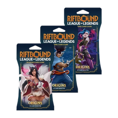 "Riftbound Origins Sleeved Booster packs met League of Legends-personages, elk met 14 verzamelkaarten."