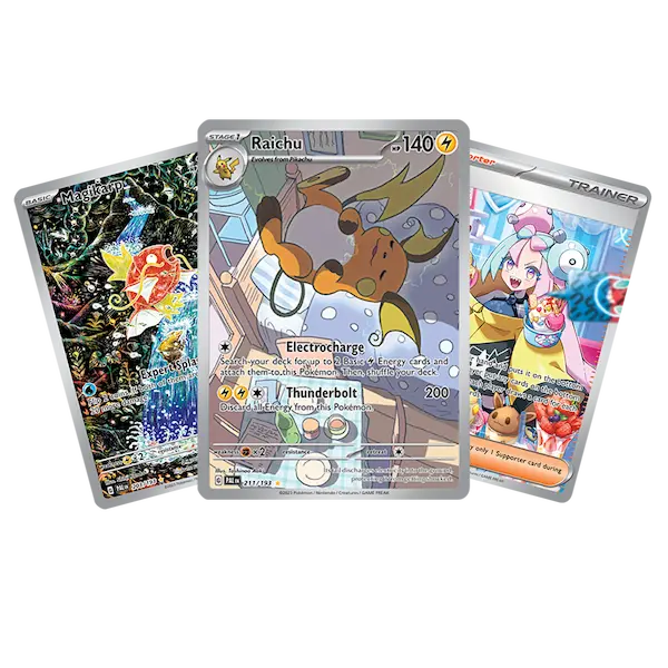 Drei Pokémon-Sammelkarten mit Raichu, die seine Elektro-Aufladung-Fähigkeit und lebendige Grafikdesigns zeigen.