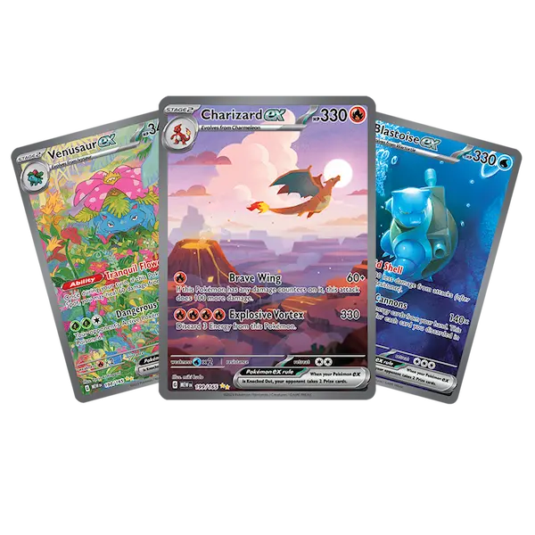 Collection of Pokémon cards featuring Charizard EX, Blastoise EX, and Venusaur EX with vibrant designs.