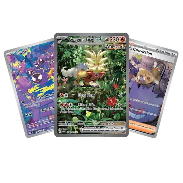 Collectible trading cards featuring Gouging Fire EX and other Pokémon art.
