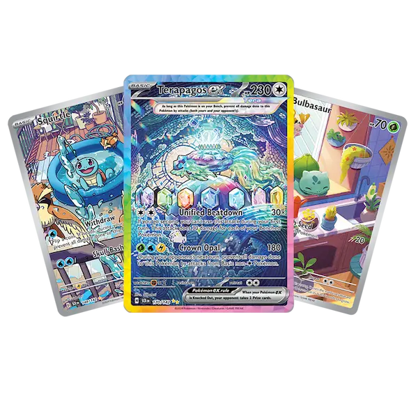 Illustration of Pokémon trading cards featuring Teraptagos EX, Bulbasaur, and Squirtle.
