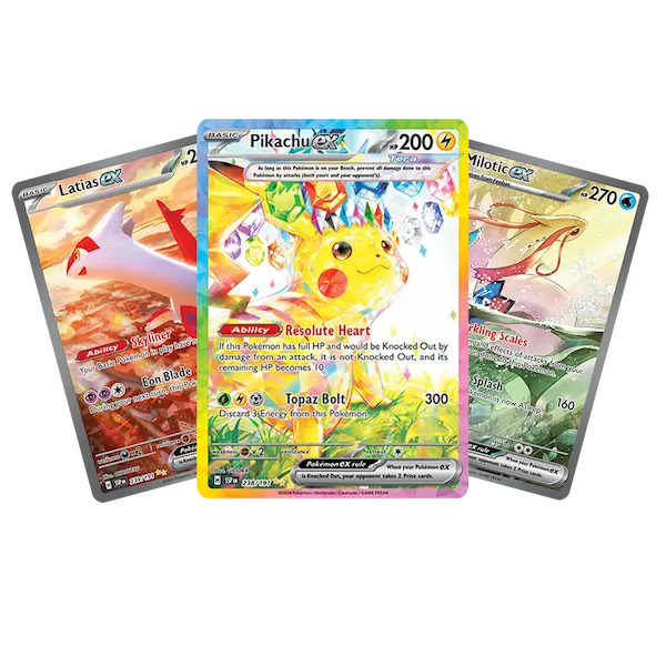 Pikachu EX card alongside Latias EX and Milotic EX cards, showcasing vibrant artwork and powerful stats for collectors.