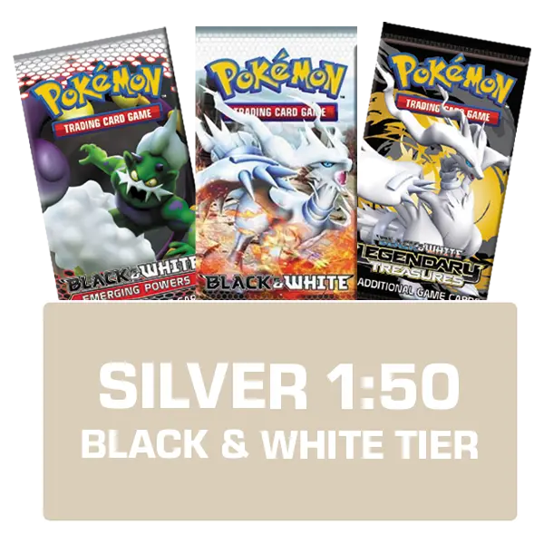 Three Pokémon trading card game packs from the Black & White series with Silver 1:50 tier label.