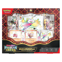"Skeledirge EX Premium Collection met glimmende Pokémon-kaarten en verzamelpakketten van de Pokémon TCG."