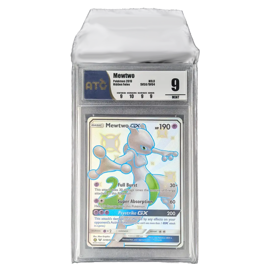 PSA Slab Sleeves protecting a Mewtwo trading card in a graded slab display.