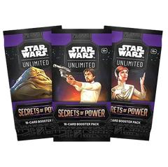 "Secrets of Power Booster Box met drie Star Wars Unlimited boosterpakketten met verschillende personages."