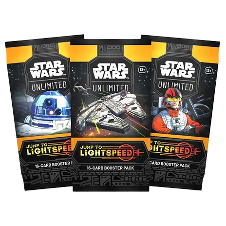 Booster Pack Star Wars Unlimited TCG Saut vers la lumière, avec 16 cartes par paquet et des personnages emblématiques.