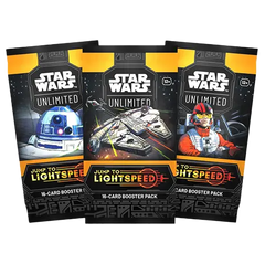Booster Pack Star Wars Unlimited TCG Saut vers la lumière, avec 16 cartes par paquet et des personnages emblématiques.