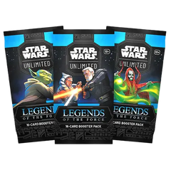 Star Wars Unlimited Legends of the Force Booster Pack featuring 16-card packs with iconic characters.