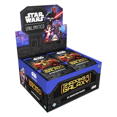 "Shadows of the Galaxy Booster Box mit 24 Booster-Packs aus dem Star Wars Unlimited Set."