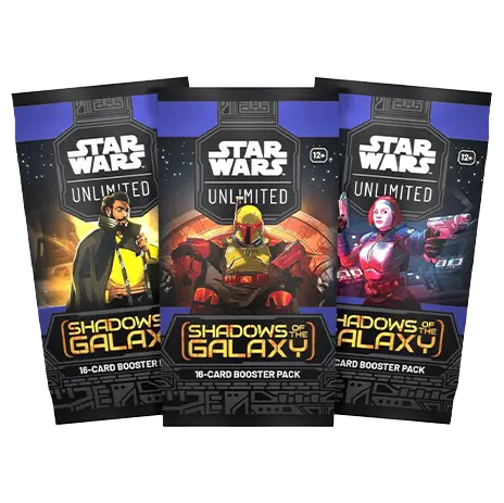 Shadows of the Galaxy Booster Box featuring 16-card booster packs from the Star Wars Unlimited  series.