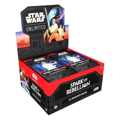 Spark of Rebellion Booster Box mit 24 Booster-Packs für Star Wars Unlimited.