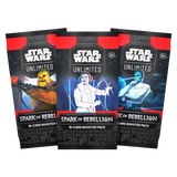 Boîte d'extension L'Étincelle de la Rébellion avec des paquets de 16 cartes de Star Wars Unlimited.