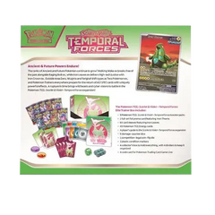 Pokémon SV05 Temporal Forces Elite Trainer Box mit Promokarten von Walking Wake und Flutter Mane, Boostern und Spielzubehör.