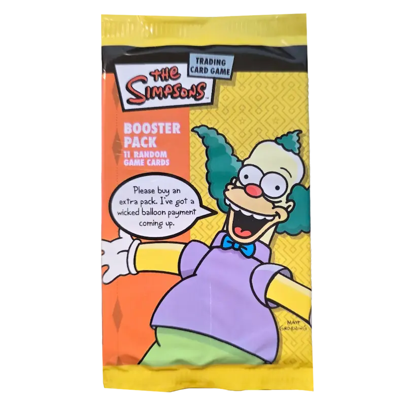 The Simpsons Booster Pack featuring Krusty the Clown from the Trading Card Game, containing 11 random game cards.