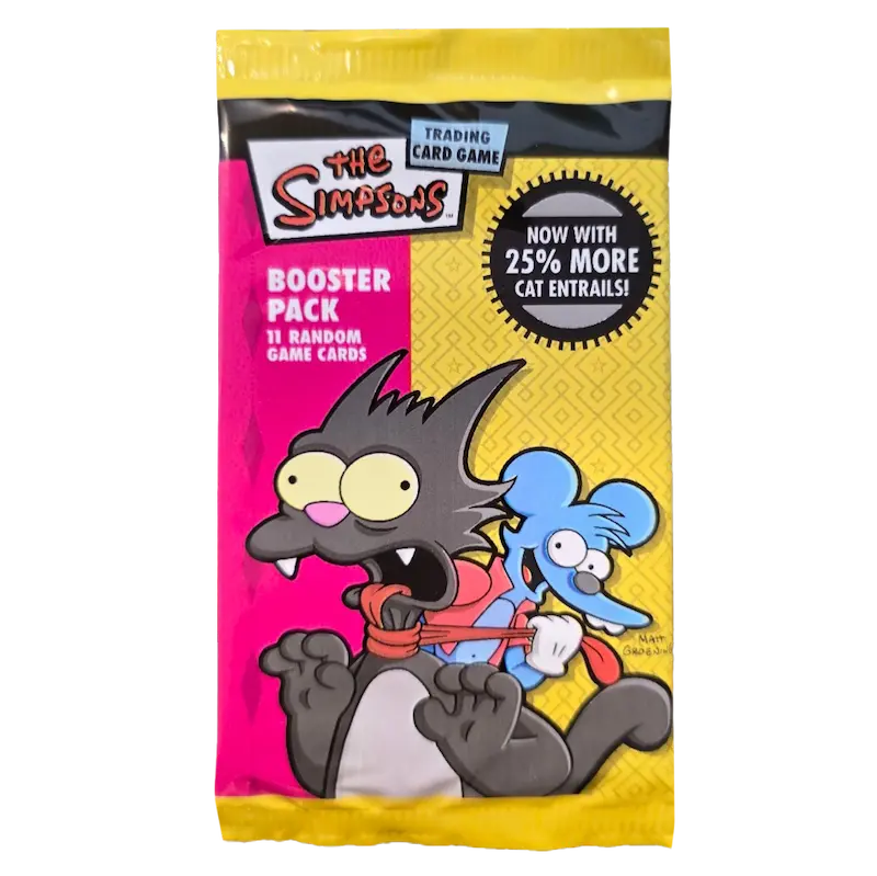 The Simpsons Booster Pack featuring random game cards in colorful packaging with characters.