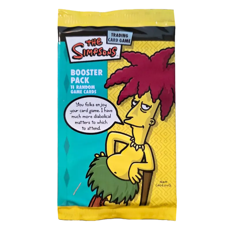 The Simpsons Booster Pack featuring 11 random game cards from the Trading Card Game.
