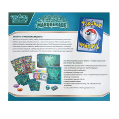 "Pokémon Twilight Masquerade Elite Trainer Box Inhalt Übersicht mit Booster-Packs und Zubehör für Live-Stream-Öffnung."