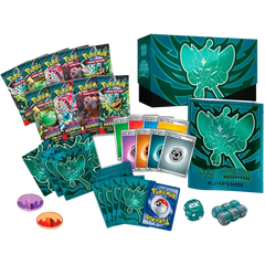 Pokémon Twilight Masquerade Elite Trainer Box mit Boosterpacks, Spielerleitfaden und Zubehör für TCG-Enthusiasten.