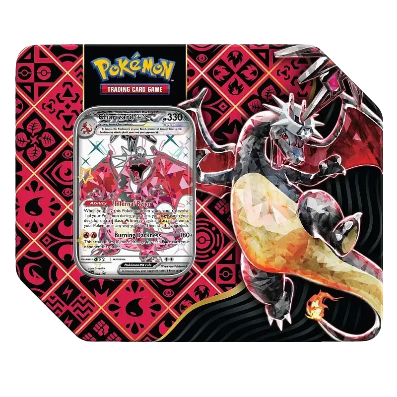 Paldean Fates US Tin Charizard met glimmende Charizard-kaart en levendig tinontwerp.