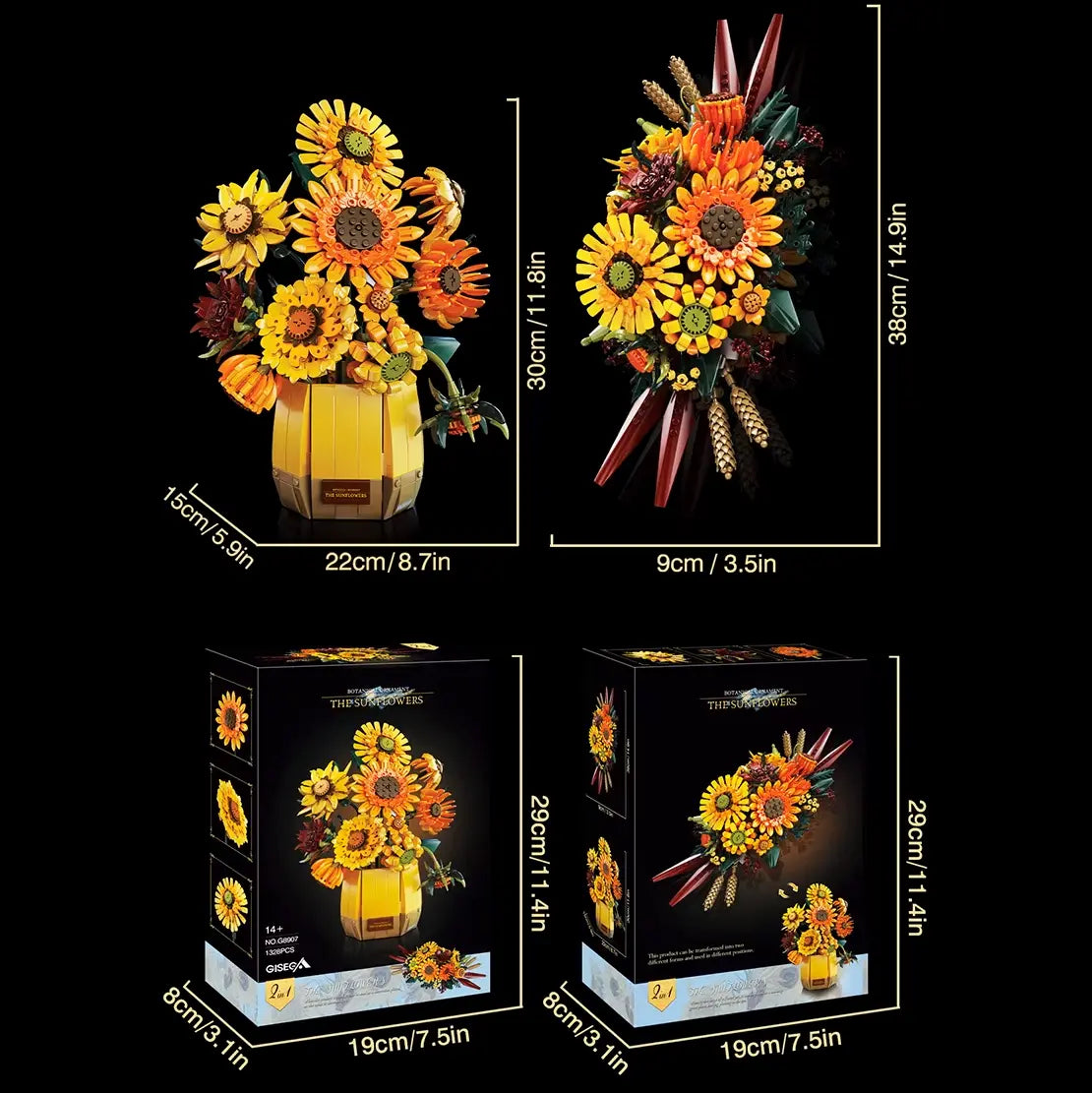 Van Gogh Zonnebloemen Bouwstenen Set weergegeven met afmetingen en verpakkingsinformatie.