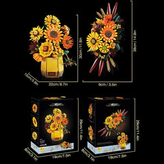 Van Gogh Zonnebloemen Bouwstenen Set weergegeven met afmetingen en verpakkingsinformatie.