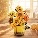 Van Gogh Zonnebloemen Bouwstenen Set met kleurrijke bloemenarrangement in een decoratieve pot.