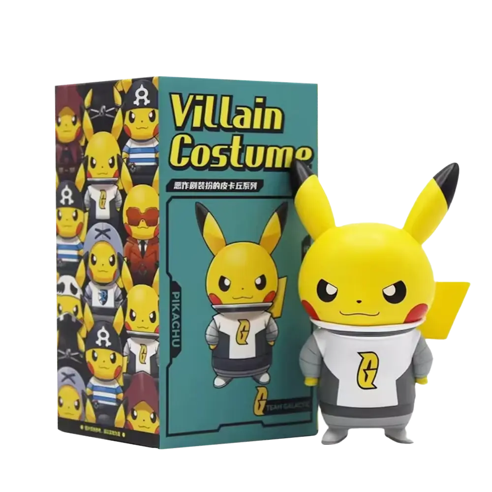 Team Galactic Pikachu figure displayed with box featuring various Villain Costume designs.