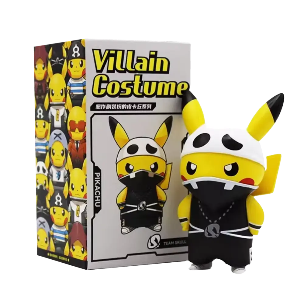 Team Skull Pikachu-figuur in schurkenkostuum met doos waarop diverse Pikachu-designs te zien zijn.