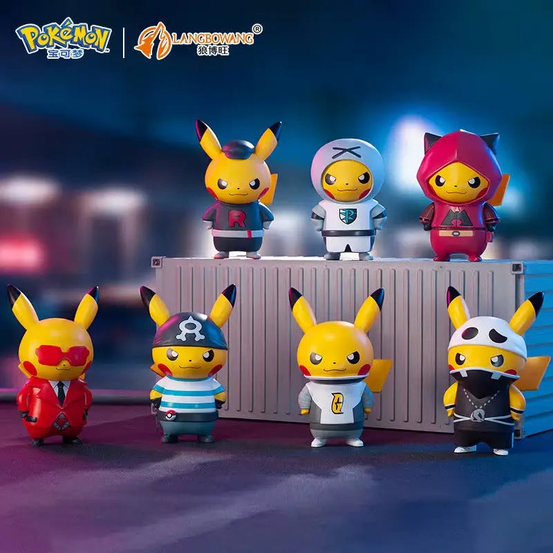 Team Rocket Pikachu figure set featuring Pikachu in various villain costumes from the Pokémon universe.